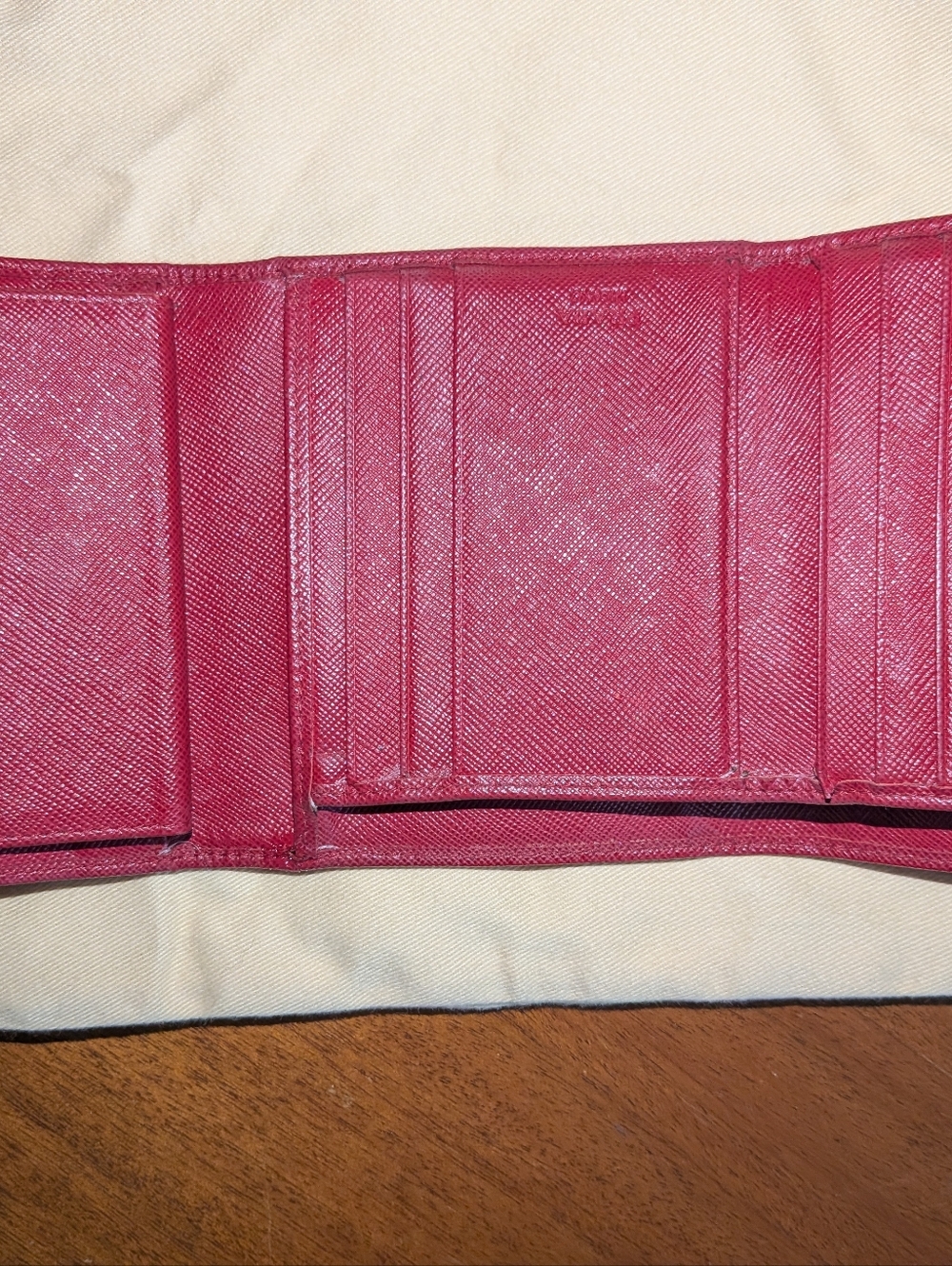 Prada Saffiano Logo Wallet Red Trifold. - Picture 3 of 15